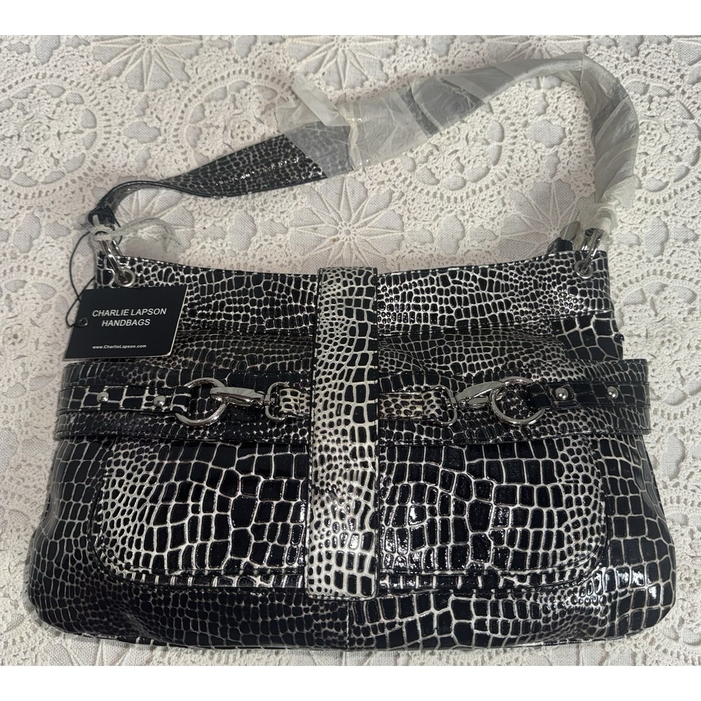 NEW‎ Charlie Lapson Handbag Crocodile Black Silver Leather Purse Vintage